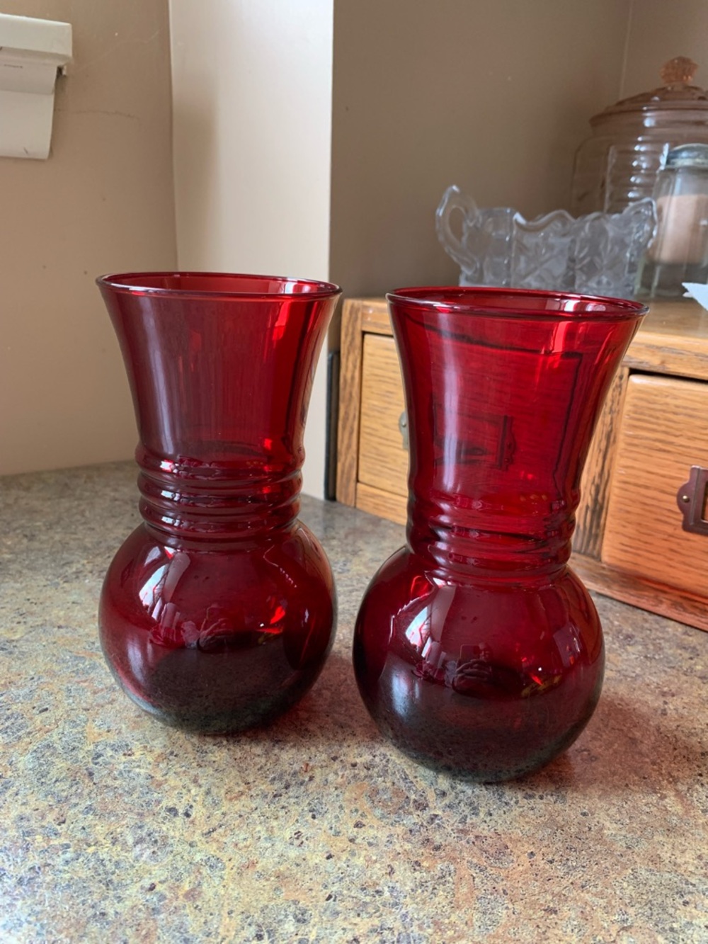 Anchor Hocking RoyalRuby Red Ribbed Glass Vases - Pair